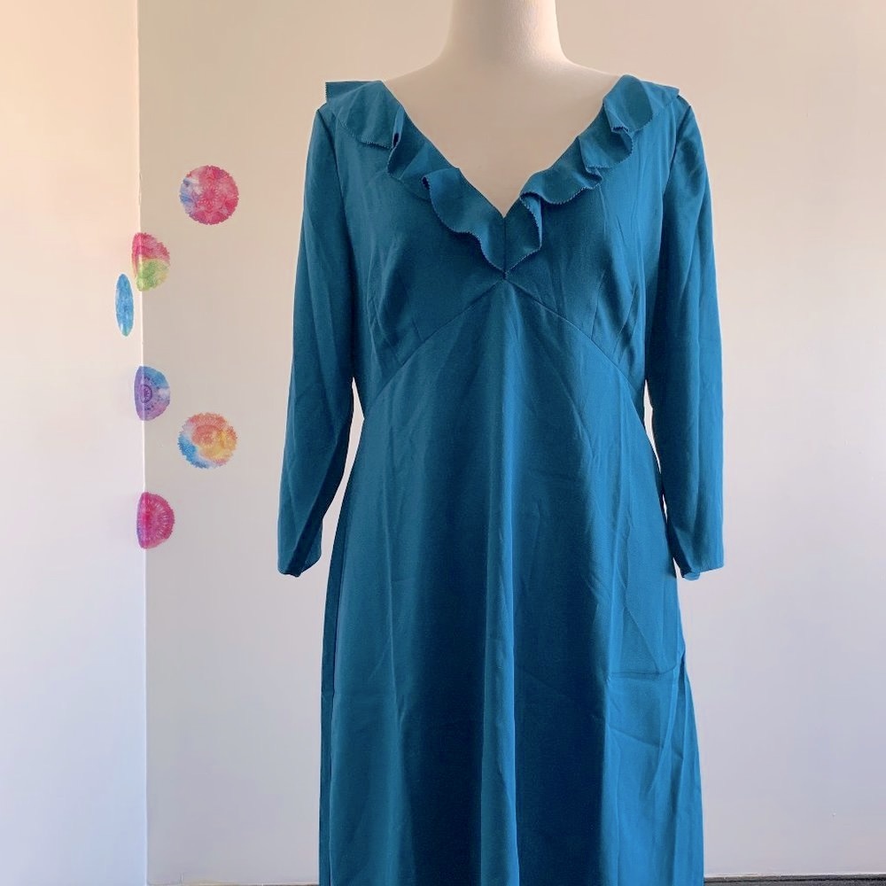 COOPER + ELLA Blue V-neck Ruffle Dress medium - Picture 2 of 6